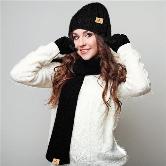 Winter Beanie Hat Scarf Gloves Black - Picture 6 of 7